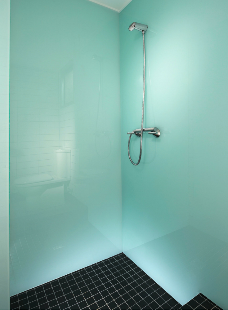 Glacier colored high gloss acrylic wall panels are easy to clean and sleek and contemporary to look at. @InnovateBuild 