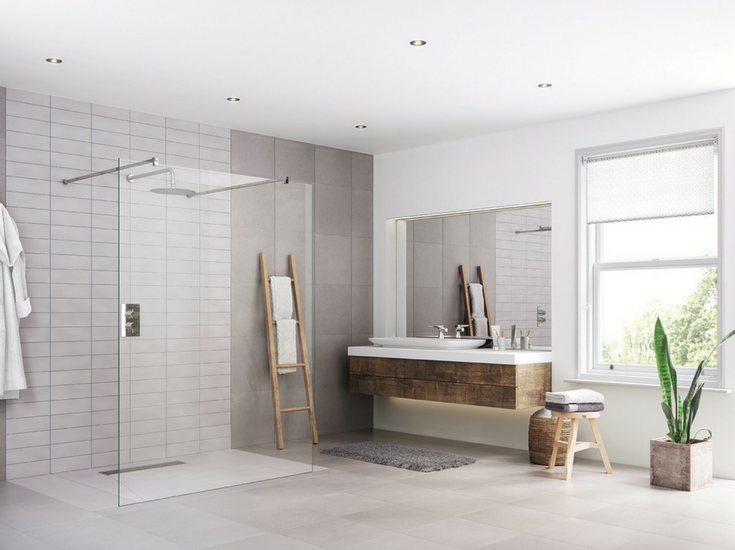 One level wet room system in a contemporary bathroom for easy access @InnovateBuild