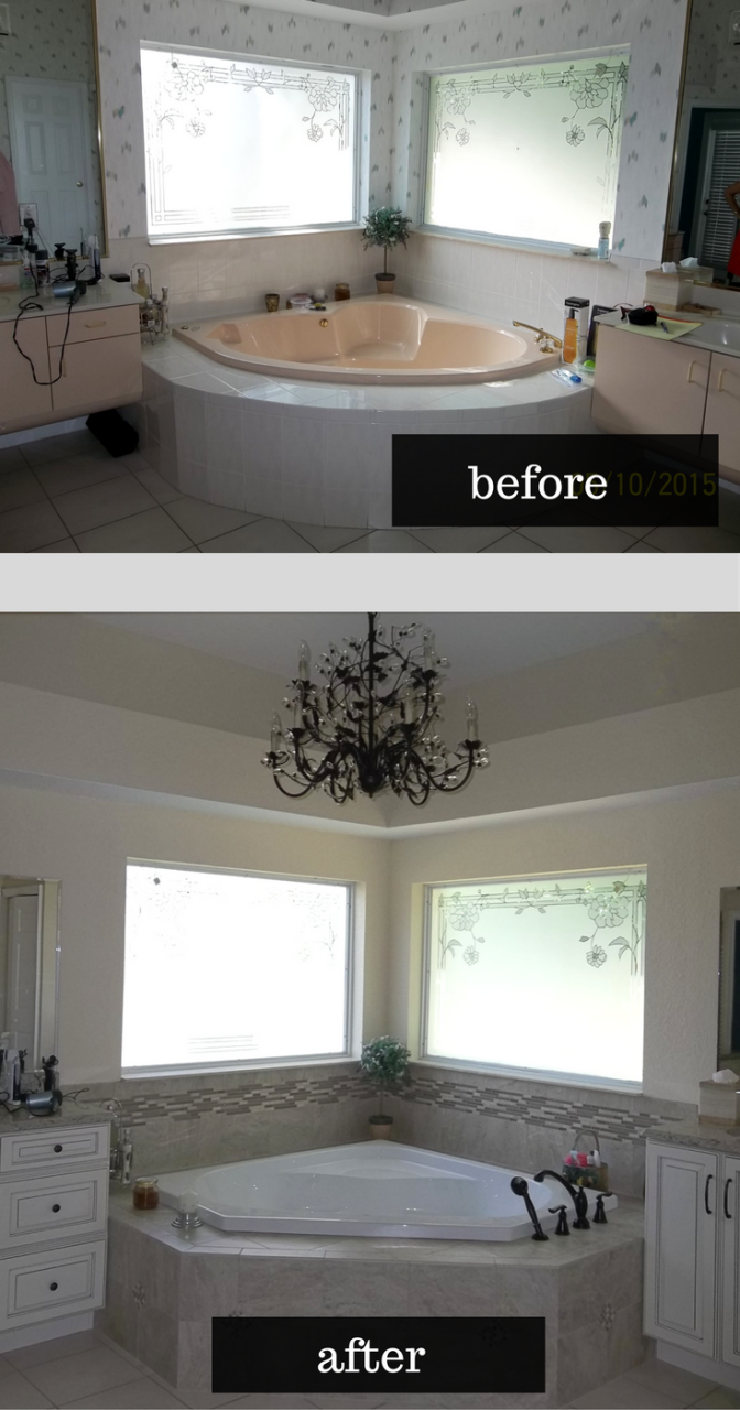 Orlando Florida Bathroom Makeover with new tile vanities and decorative chandelier