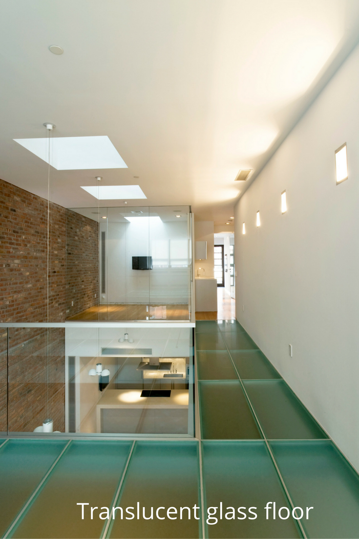 Translucent obscure glass flooring in an office building for to move light while maintaining privacy in the levels below. 