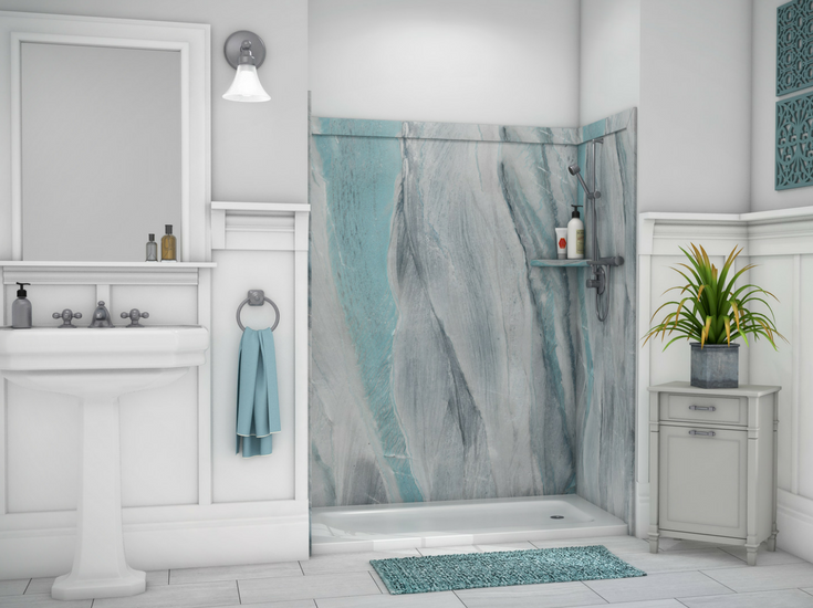 For a DIY shower kit choose easy to install wall panels. Shown here is a decorative faux stone panels with easy to install trim. Innovate Building Solutions 