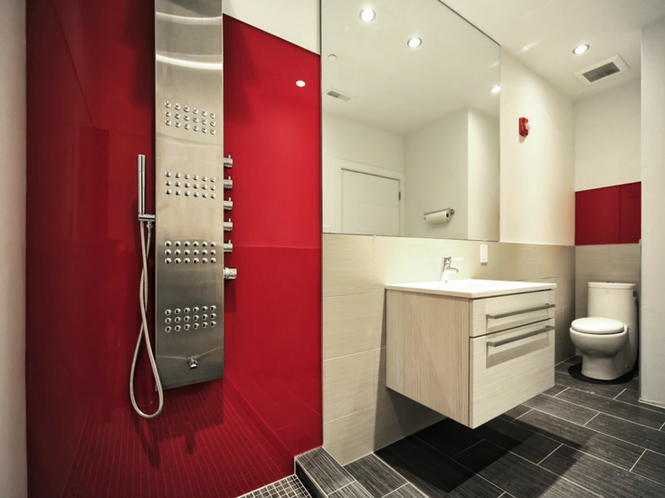 Modern red rouge glossy shower wall panels are a lower cost alternative for a back painted glass look and they are easier to install @InnovateBuild