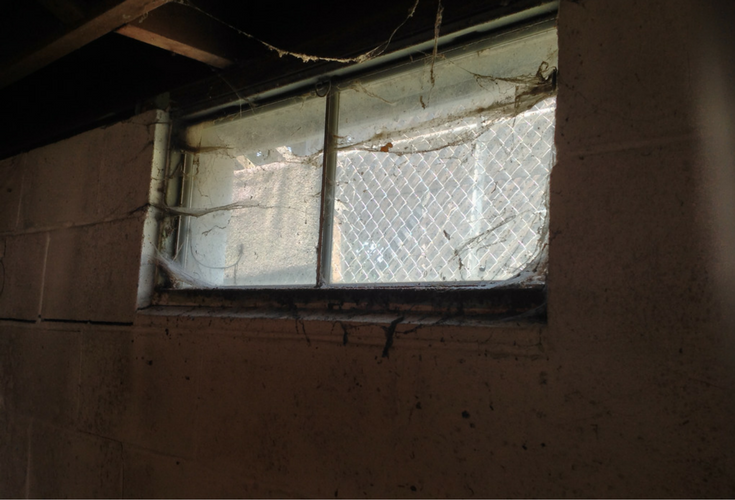 Nasty cobweb infested metal framed basement window which will be replaced with a glass block window - Innovate Building Solutions 