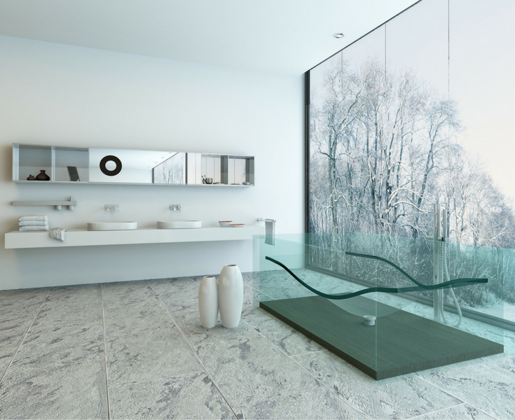 Glass bathtub in an upscale contemporary minimalist home. | Innovate Building Solutions 