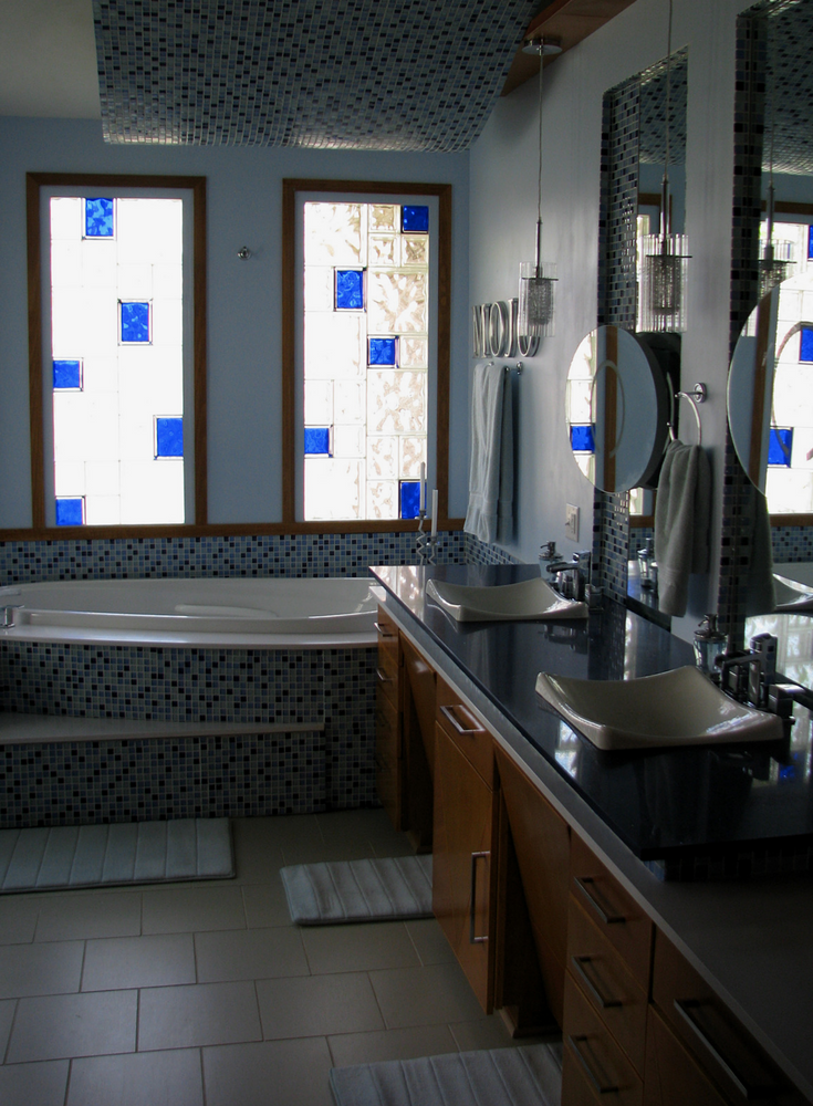 Contemporary and colored glass block bathroom window for privacy and style in a bathroom - Innovate Building Solutions 