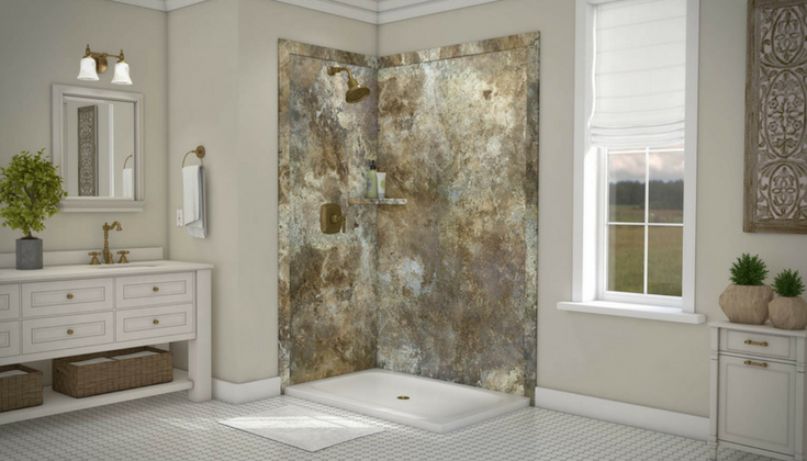 Faux stone DIY wall panels in a corner shower for low maintenance and looks - Innovate Building Solutions 