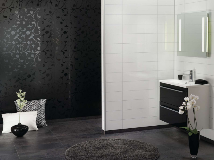 Laminated and waterproof shower wall panels in a black floral shower and a white tile bathroom area