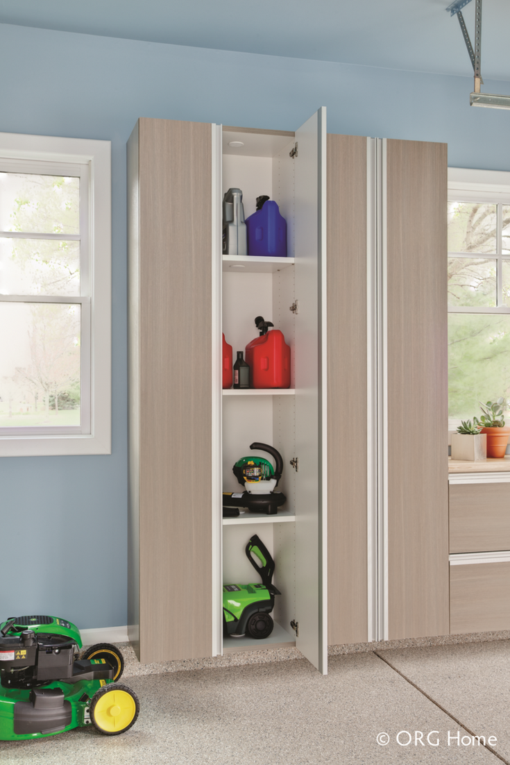 An organized garage using heavy duty laminate cabinetry with 1" thick deeper shelves | Innovate Home Org Columbus Ohio 