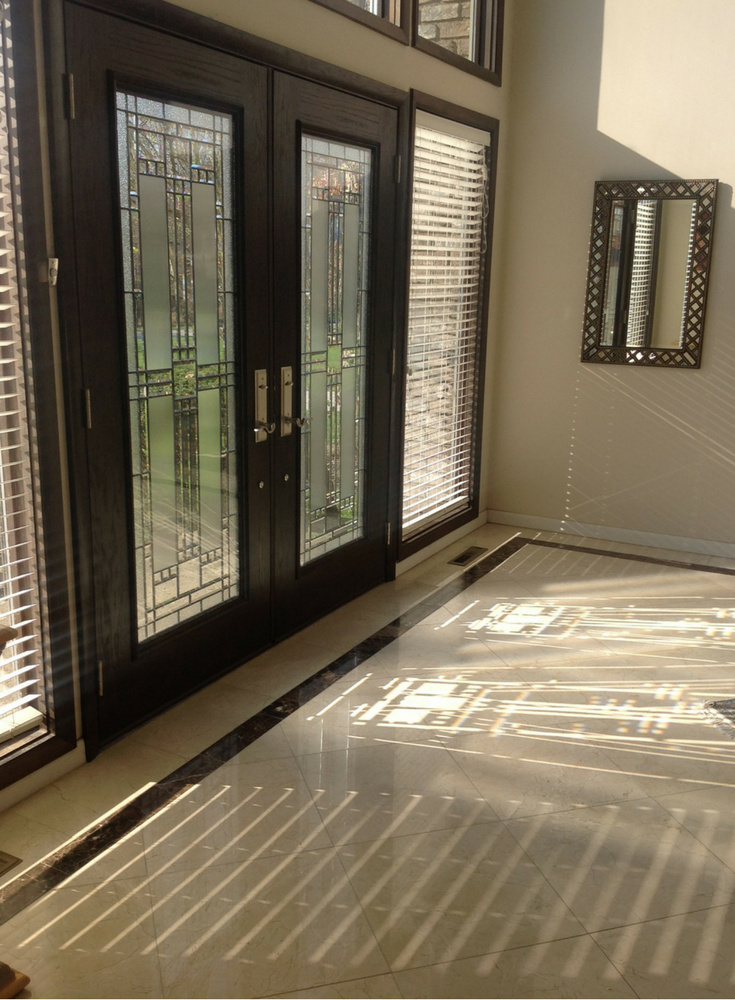 Fiberglass Provia Front Entry Door with Decorative Glass Allows Fun Light Patterns to Stream in! | Innovate Building Solutions