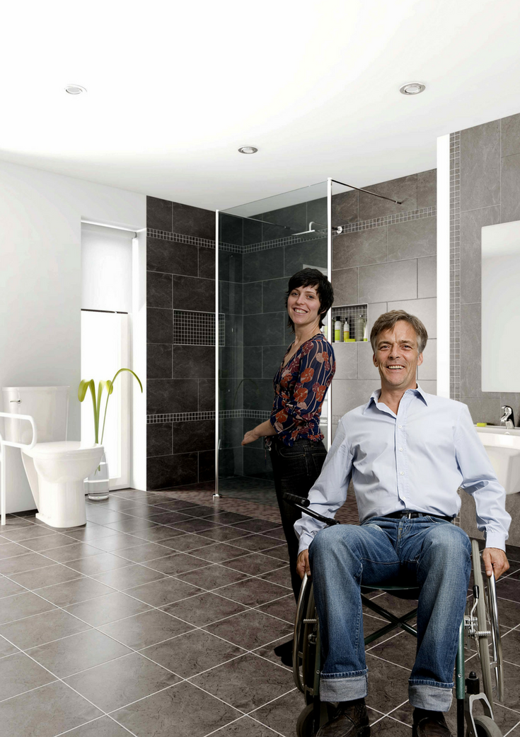 A one level barrier free shower system makes wheelchair accessibilty simple - yet the bathroom can still look stylish! | Innovate Building Solutions