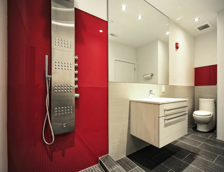 Custom precut fire engine red high gloss shower wall panels in a contemporary bath remodel | Innovate Building Solutions 