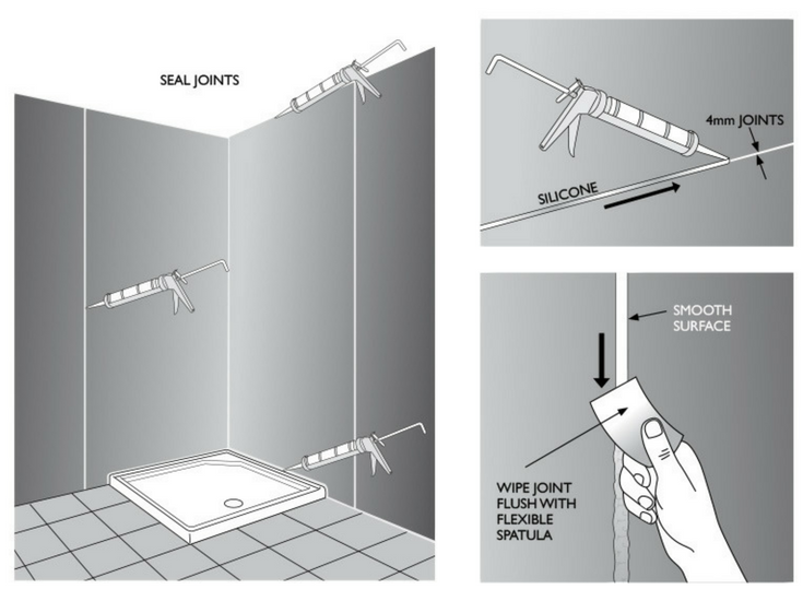 A moisture resistant greenboard is being prepared for the installation of high gloss wall panels in a shower | Innovate Building Solutions 