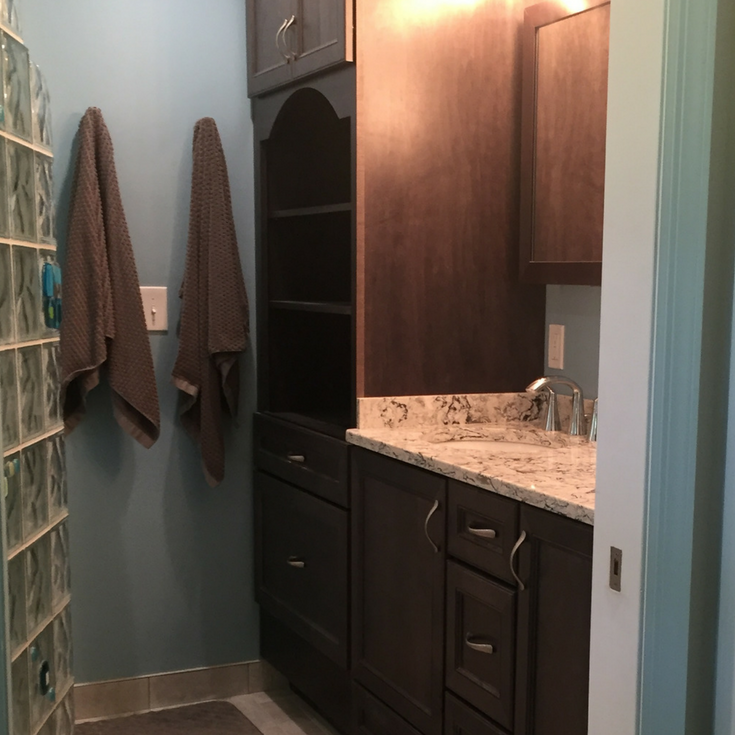 Floor to ceiling bathroom cabinetry in a new jersey bath remodel | Innovate Building Solutions 