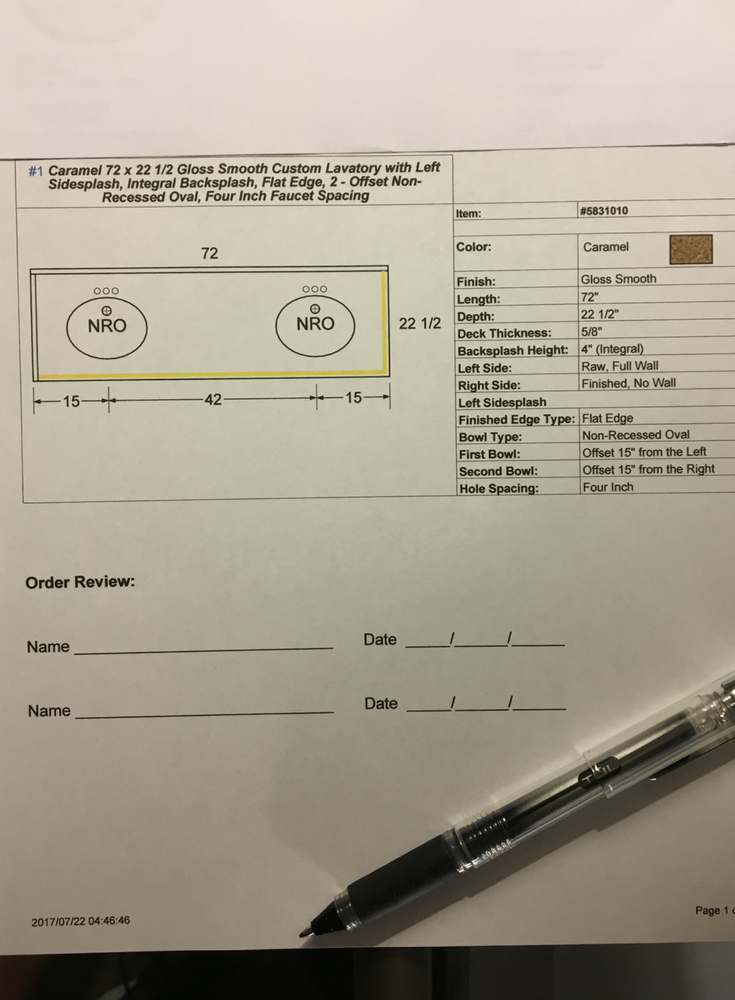 Order form for a custom solid surface countertop | Innovate Building Solutions 