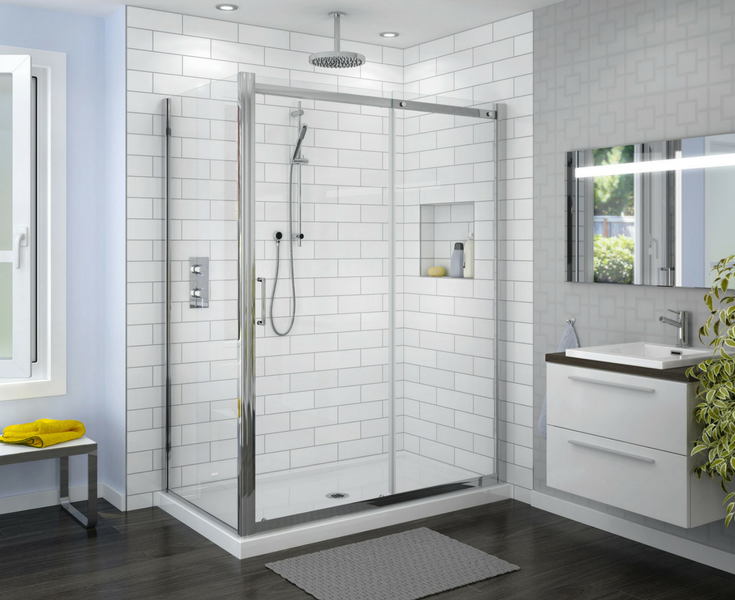 Corner shower enclosure with two sides of glass in a contemporary bathroom - Innovate Building Solutions 