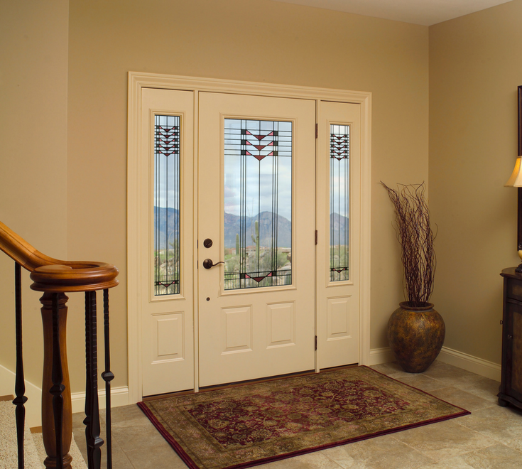 Fiberglass front entry doors with decorative Craftsman style glass and sidelights | Cleveland Window Company and Clear Choice Window - Cleveland and Columbus Ohio