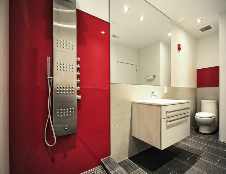 Hot red rouge high gloss acrylic wall panels in a contemporary luxury shower - Innovate Building Solutions 