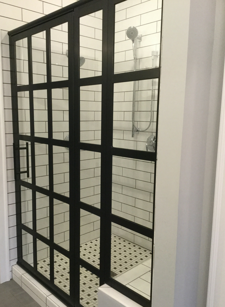 black gridded shower door