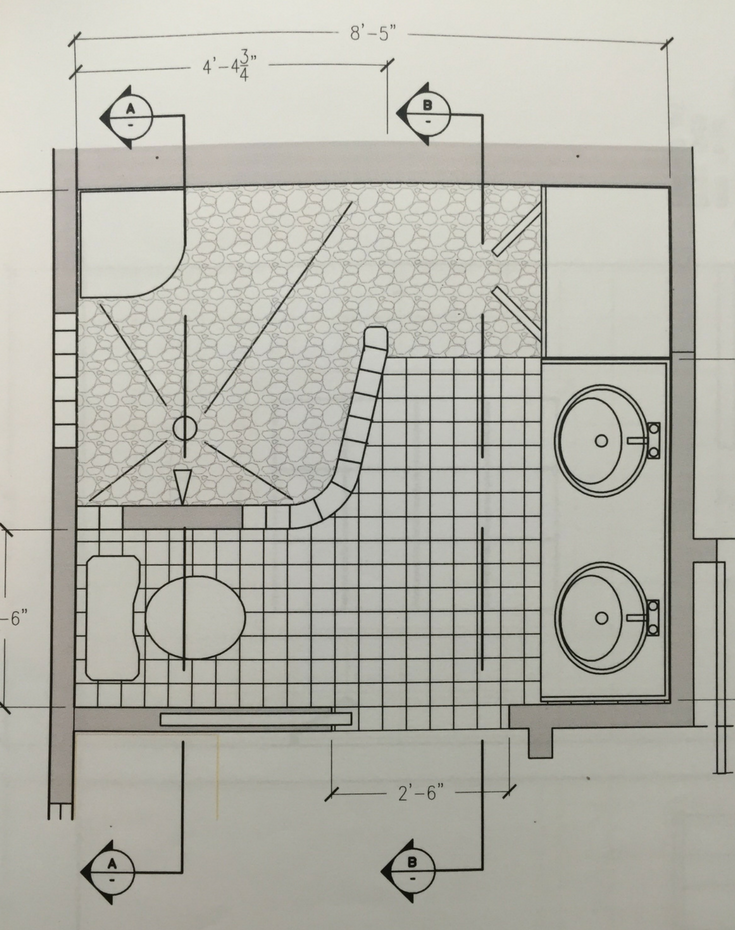 A floor plan for a large glass block shower in a small bathroom - Innovate Building Solutions