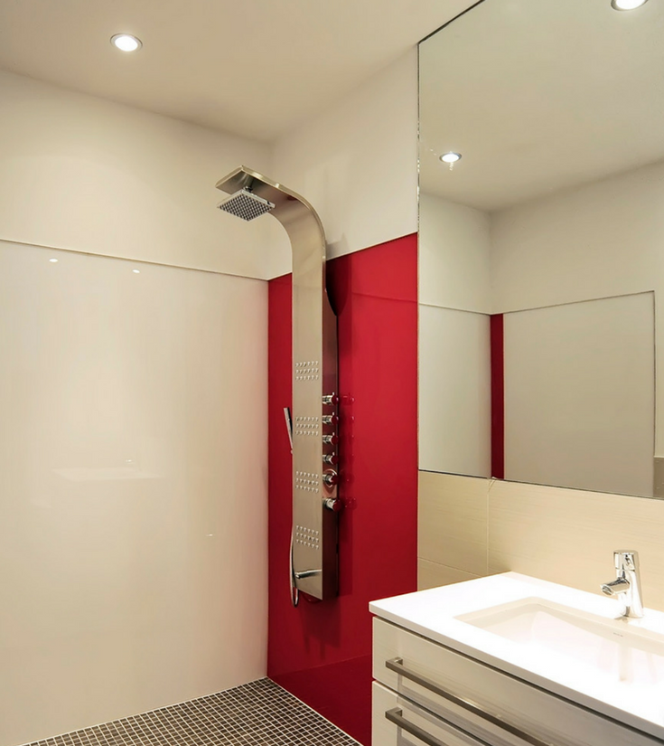 Red rouge colored high gloss wall panels look like back painted glass yet are less expensive and easier to work with | Innovate Building Solutions 