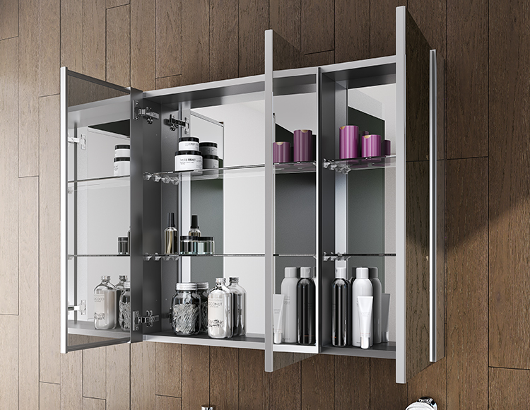 Triple door mirrored medicine cabinet in a modern home can grow storage and make a room feel bigger| Innovate Building Solutions