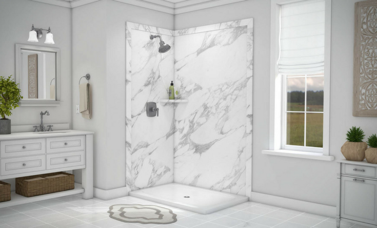 Shower Panel Faux Granite PVC | Innovate Building Solutions | #PVCPanels #WallPanels #DIYShowerWallPanels #Shower Remodel