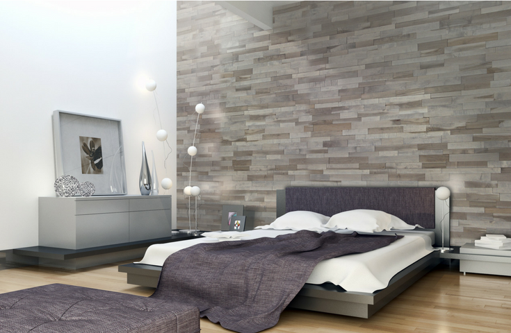 Textured 3D Feature Wall Panels Upscale Bedroom | Innovate Building Solutions #FeatureWall #WallPanels #WoodPanels #Bedroom