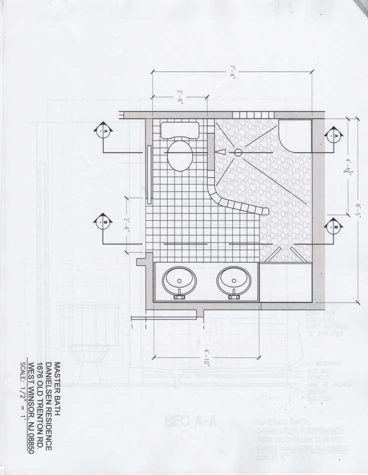 An architectural plan for a small bathroom which used a glass block walk in shower | Innovate Building Solutions