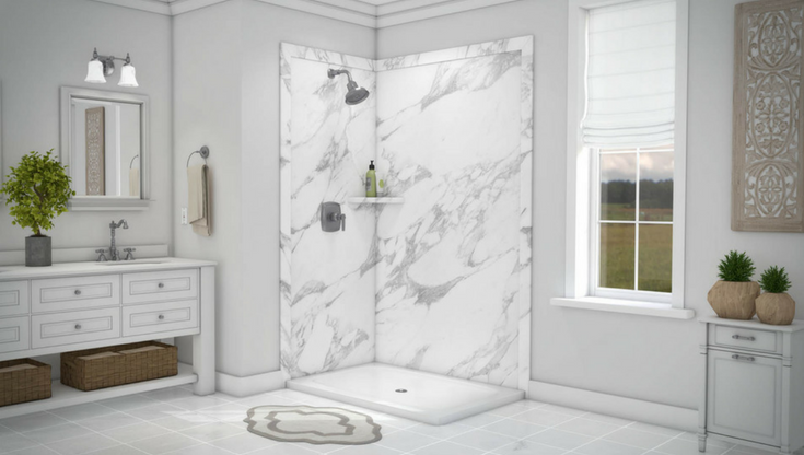 Faux stone wall panels calcutta white | Innovate Building Solutions | #ShowerPanels #BathroomRemodel #DIYShowerPanels