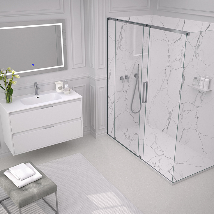 White marble solid surface low profile shower pan 60 x 32 size for a tub to shower conversion