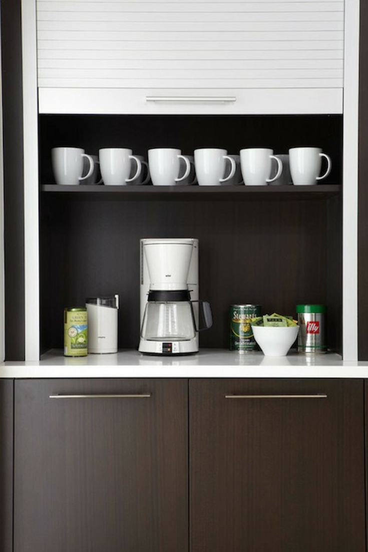 Coffee station in Closet www.decorpad.com | Innovate Building Solutions | #CoffeeMaker #CoffeeStorage #CoffeeStation