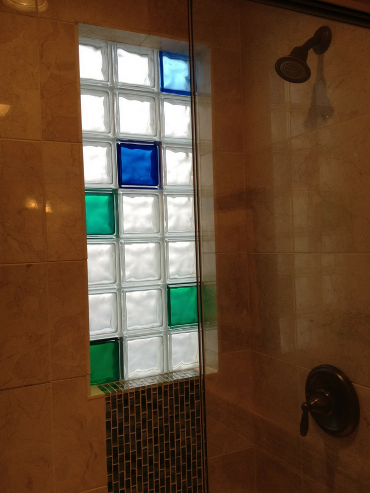 Glass block bathroom window with colors | Innovate Building Solutions | #BathroomWindow #GlassBlockWindow #GlassBlockDesign