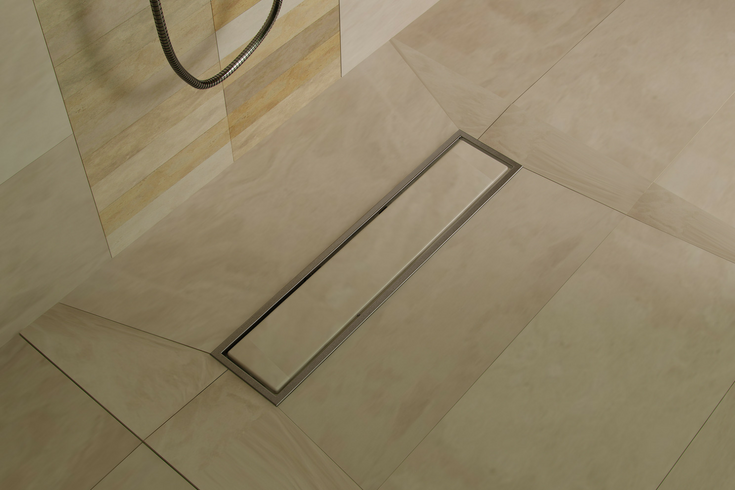 Linear Drain with large format tiles | Innovate Building Solutions | #LargeTiled #ShowerPan #TinyBathroom