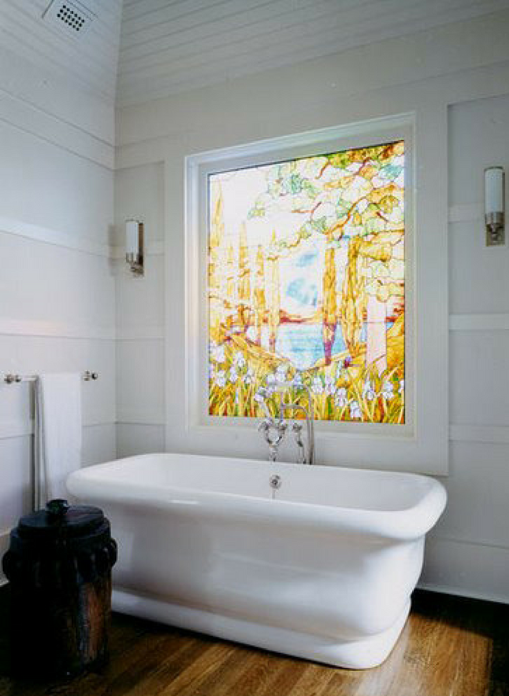 Stained glass window in bathroom | Innovate Building Solutions | #StainedWindow #BathroomWindow #VinylWindows