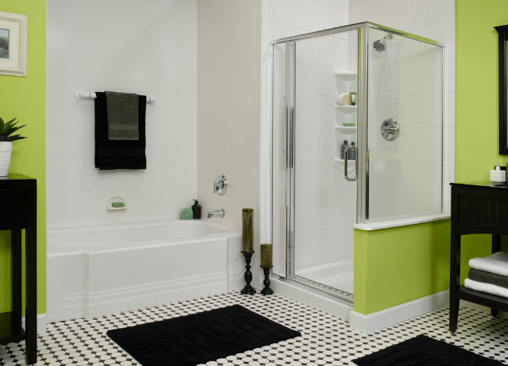 Acrylic shower wall surrounds in a tub and shower | Innovate Building Solutions | #ShowerWallPanels #AcrylicPanels #BathroomRemodel