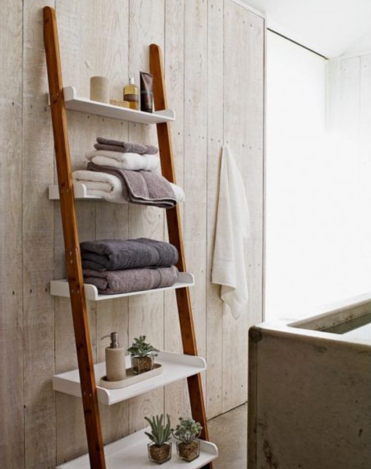 Ladder for towels in a bathroom | Innovate Building Solutions | #BathroomStorage #BathroomRemodel #BathroomShevling