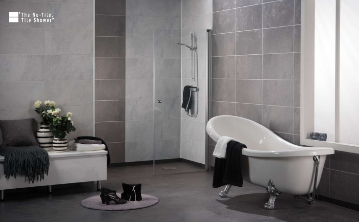 3D Textured Slate Black Slate no tile tile wall | Innovate Building Solutions | #NoTile #TiledShower #BathroomDesign #BathroomTrends