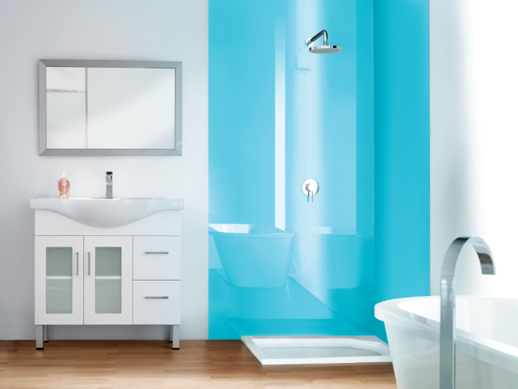 All glass look high gloss light blue color | Innovate Building Solutions | #ShowerPanels #HighGloss #BathroomRemodel