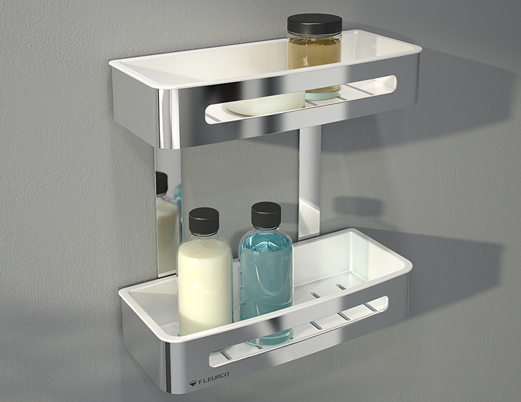 Stainless steel contemporary double corner shower shelf with removable easy to clean tray inserts | Innovate Building Solutions