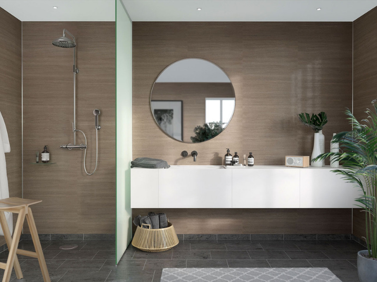 Wood look laminated wall panels | Innovate Building Solutions | #LaminatePanels #NoTileTileShower #ShowerWallPanels #BathroomRemodel