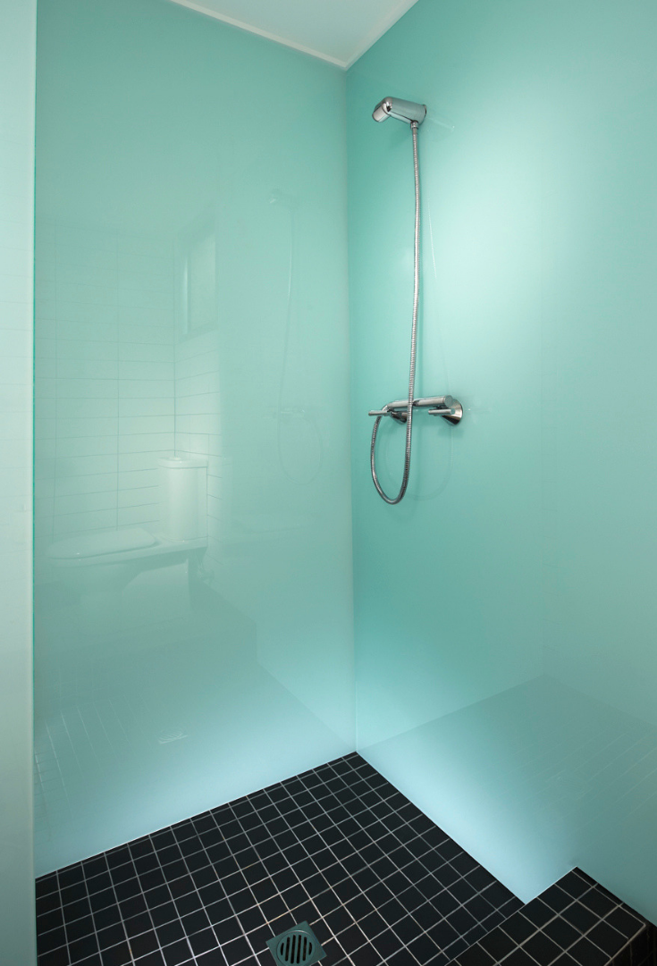 Modern Coastal with Light Green High gloss bathroom wall panels | Innovate Building Solutions | #HighGlossPanels #WallPanels #BathroomDesign