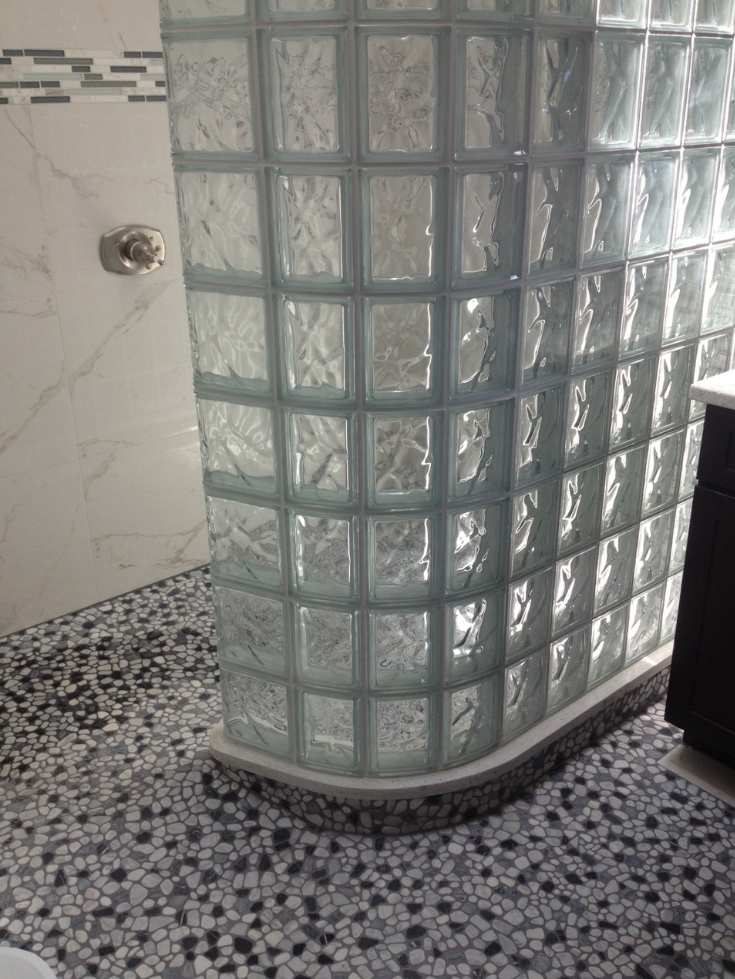 Ready for tile shower pan with the completed shower | Innovate Building Solutions | #GlassBlockShower #GlassBlockBase #ShowerBase