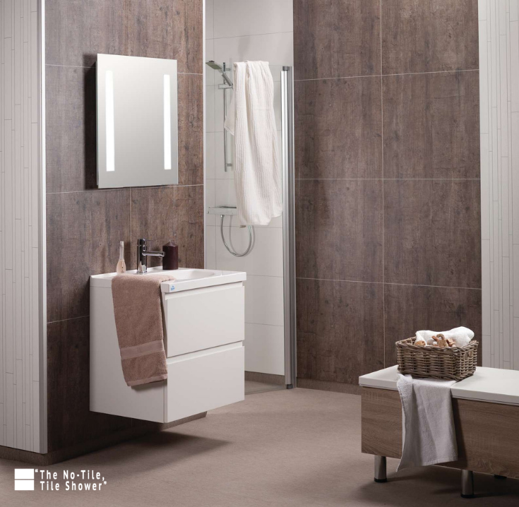 Rough wood laminated bathroom wall panels | Innovate Building Solutions | #ShowerPanels #LaminatePanels #BathroomWallPanels