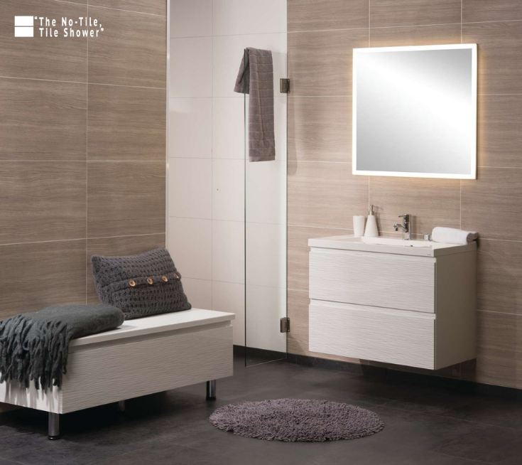 Scandanavian design with wood looking bathroom wall panels | Innovate Building Solutions | #NoTileTileShower #WallPanels #BathroomTrends