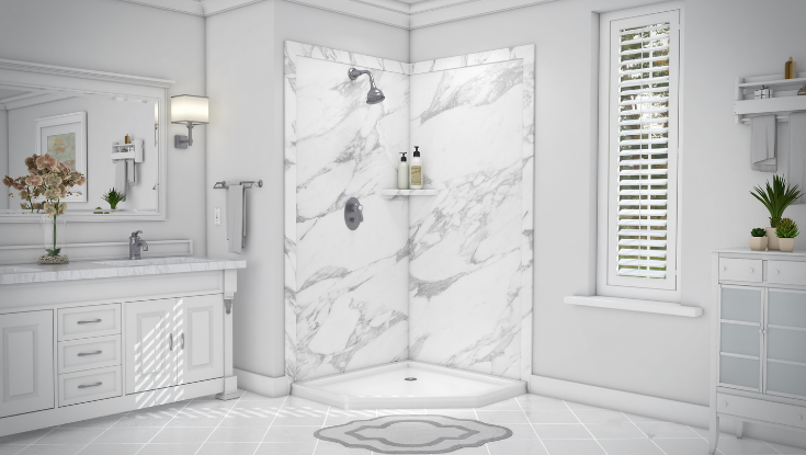 Traditional Calcutta White Faux Granite wall panels | Innovate Building Solutions | #WallPanels #BathroomWallPanels #BathroomTrends #DIYShowerPanels