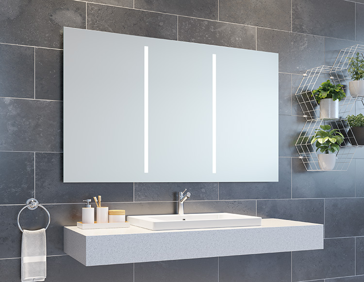 A radiant LED lighted bath vanity mirror with a defogger | Innovate Building Solutions 