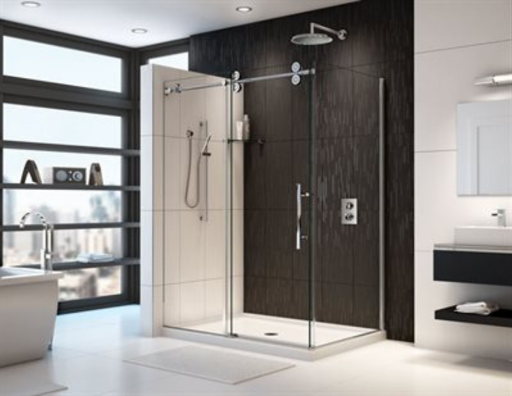 FlexPan acrylic corner shower pan | Innovate Building Solutions | #AcrylicCorner #ShowerPan #CornerShowerBase 