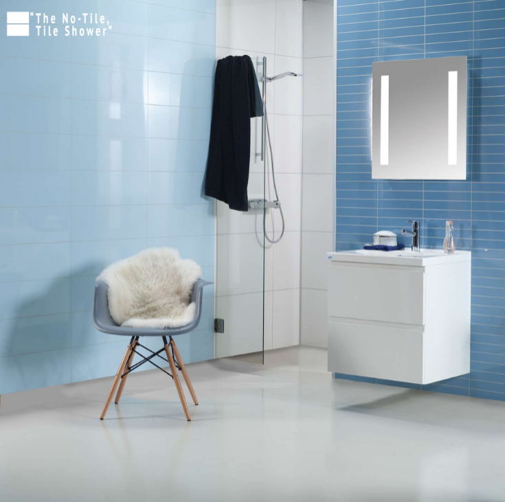 High gloss sky blue laminated shower and bathroom wall panels | Innovate Building Solutions | #HighGlossBlue #ShowerWallPanels #BathroomWallPanels #NoTileShower