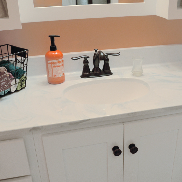 One piece cultured marble vanity top in a modern farmhouse bathroom | Innovate Building Solutions | #VanityTop #ModerFarmhouse #CulturedMarble 