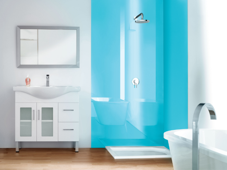 Ultra high gloss blue wall panels | Innovate Building Solutions | #BathroomRemodeling #HighGlossPanels #LustoliteWalls 